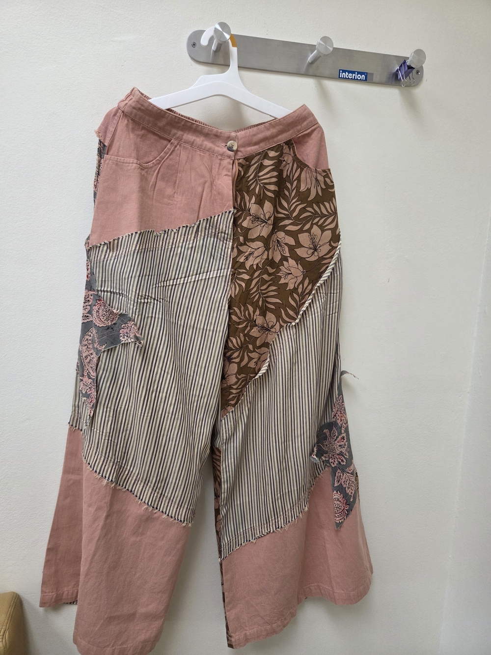 POL Patchwork Wide-Leg Pants in Dusty Rose, Brown & Cream